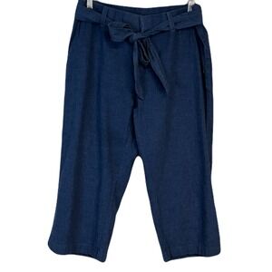 Liz Claiborne Pedal Pusher Crop Pants Size S Petite‎ Linen Cotton Tie Waist Navy